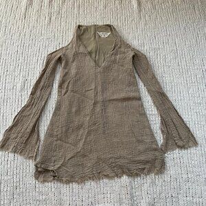 Kitz by Kit Willow Distressed Open Shoulder Tan Mini Dress - Size Small